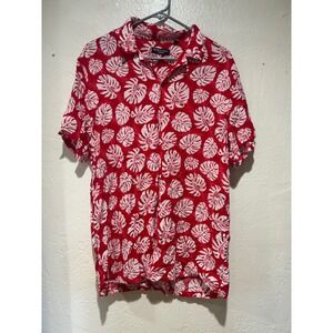 Brave Soul Mens Red White Monstera Leaf Tropical Hawaiian Viscose Shirt Large